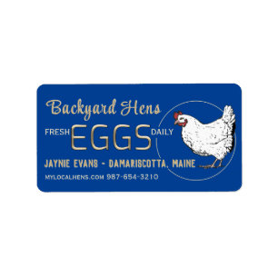 Embossed Gold Fresh Eggs White Hen on Blue Label