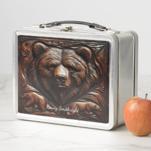 Embossed Grizzly Fury in Leather Metal Lunch Box