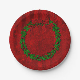 Embossed Holly Wreath Red Stripe Paper Plate
