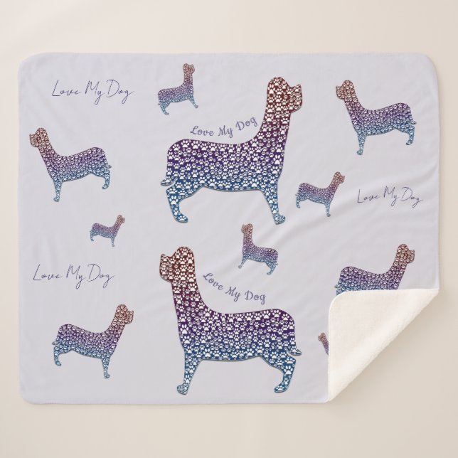 Embossed Indigo Gradient Paw Print Dog Outline Sherpa Blanket (Front (Horizontal))