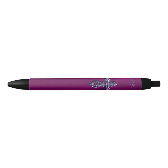 Embossed-look Gothic Cross in Purple with Monogram Black Ink Pen (Front)