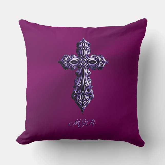 Embossed-look Gothic Cross in Purple with Monogram Cushion (Front)