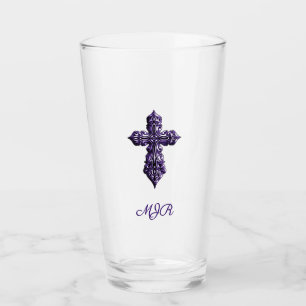 Embossed-look Gothic Cross in Purple with Monogram Glass