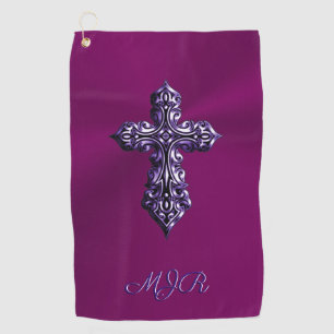 Embossed-look Gothic Cross in Purple with Monogram Golf Towel