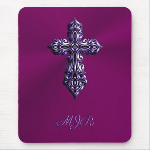 Embossed-look Gothic Cross in Purple with Monogram Mouse Pad