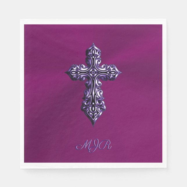 Embossed-look Gothic Cross in Purple with Monogram Napkin (Front)