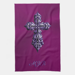 Embossed-look Gothic Cross in Purple with Monogram Tea Towel