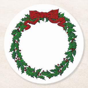 Embossed Look Holly Wreath  Round Paper Coaster