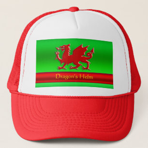 Embossed-look Red Dragon on green chrome-effect Trucker Hat