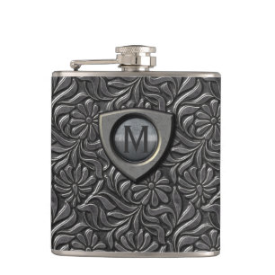 Embossed Metal Shield Monogram ID139 Hip Flask