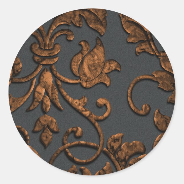 Embossed Metallic Damask, Copper Classic Round Sticker (Front)