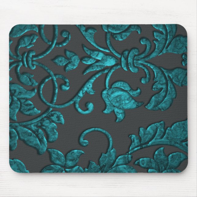 Embossed Metallic Damask, Teal Mouse Pad (Front)