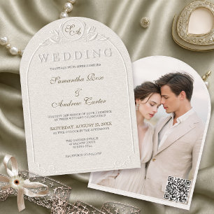 Embossed Monogram Arch Photo Wedding QR Code Invitation