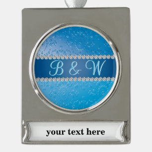 Embossed Monogram Blue Flower Silver Plated Banner Ornament