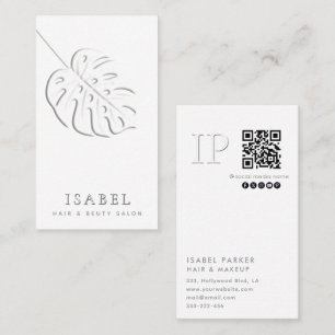 Embossed monstera leaf monogram Qr code  Business Card