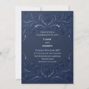 Embossed Navy Blue Scottish Thistle Wedding Invitation