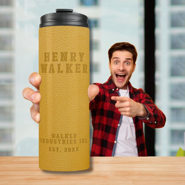Embossed Personalised Gold Yellow Vegan Leather Thermal Tumbler (Creator Uploaded)
