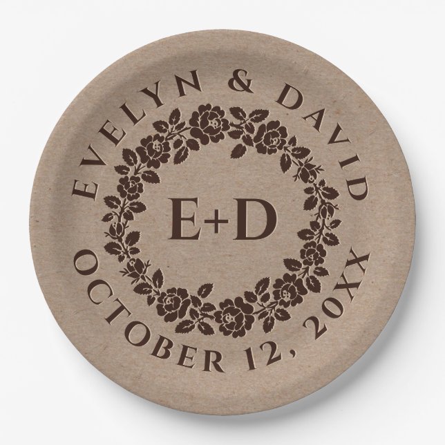Embossed rose wreath on rustic kraft paper wedding paper plate (Front)