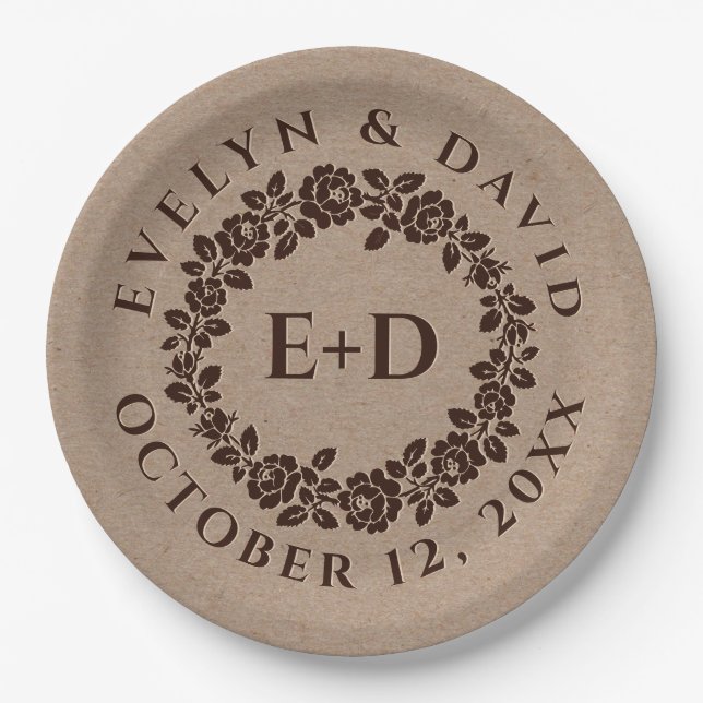 Embossed rose wreath on rustic kraft paper wedding plate (Front)