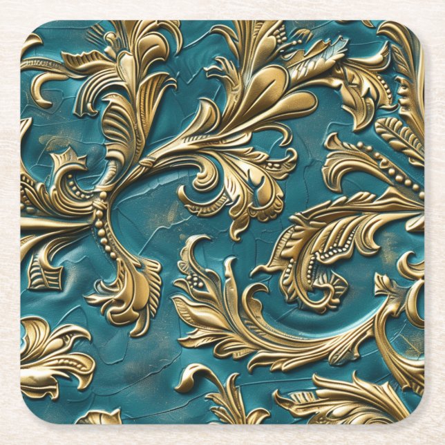 Embossed teal gold faux leather square paper coaster (Front)