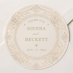 Embossed Wedding Sculpted Rose Circular Frame Classic Round Sticker