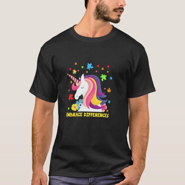 Embrace Differences Autism Cute Unicorn Puzzle T-Shirt (Front)