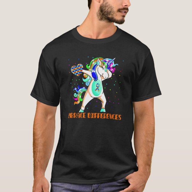 Embrace Differences Dabbing Unicorn Autism Awarene T-Shirt (Front)