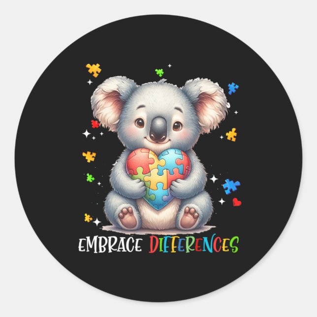 Embrace Differences Puzzle Heart Koala Autism Awar Classic Round Sticker (Front)