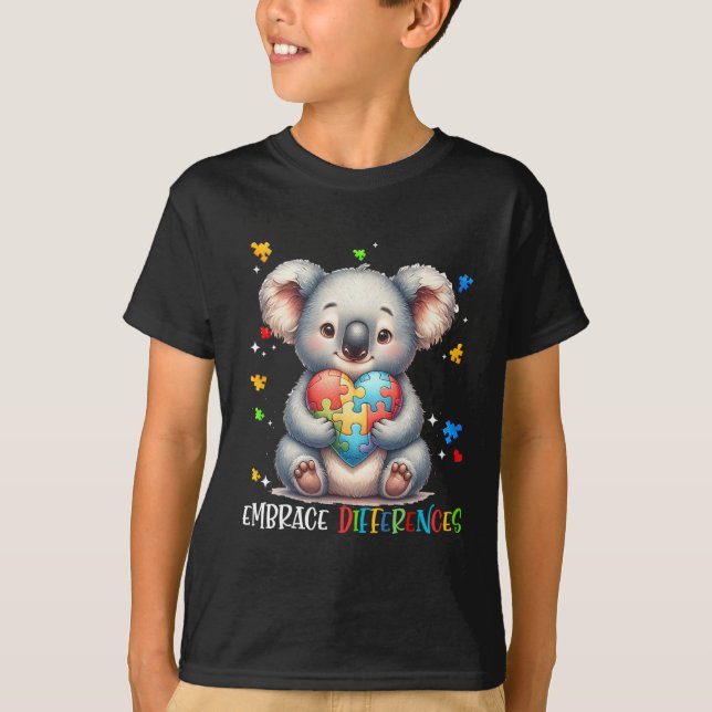 Embrace Differences Puzzle Heart Koala Autism Awar T-Shirt (Front)