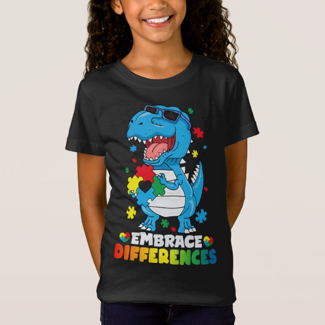 Embrace Differences T Rex Dinosaur Autism Awarenes T-Shirt (Front)
