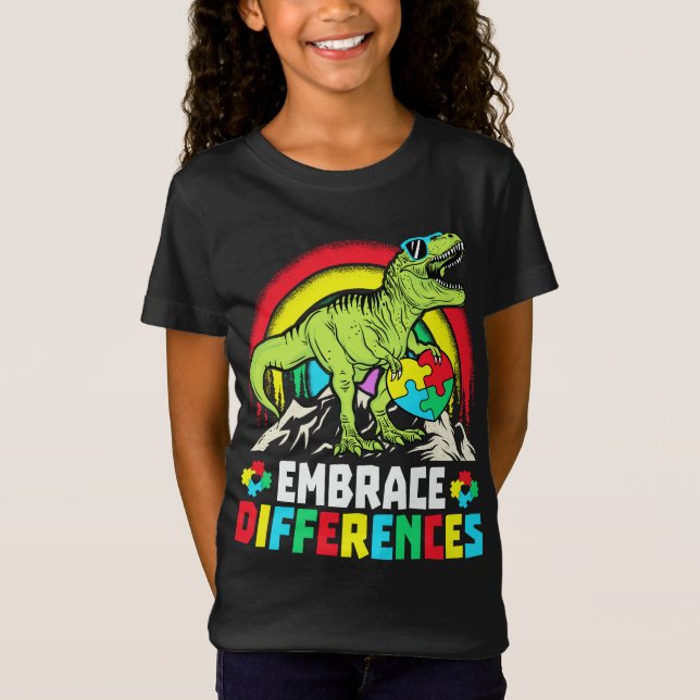 Embrace Differences T Rex Dinosaur Autism Awarenes T-Shirt (Front)