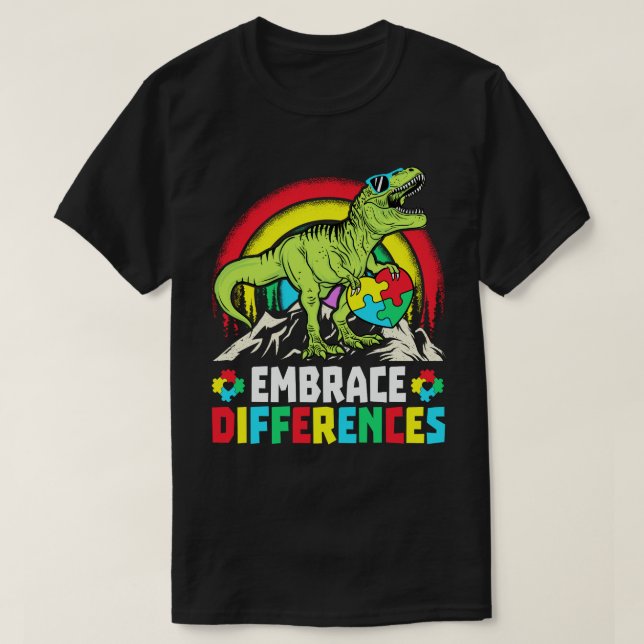 Embrace Differences T Rex Dinosaur Autism Awarenes T-Shirt (Design Front)