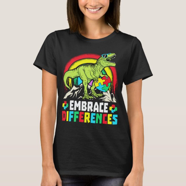 Embrace Differences T Rex Dinosaur Autism Awarenes T-Shirt (Front)