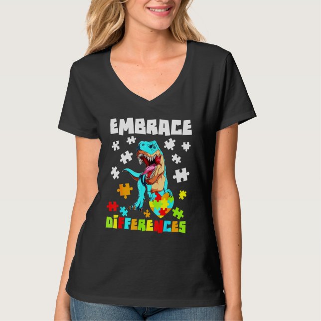 Embrace Differences T Rex Dinosaur Autistic Puzzle T-Shirt (Front)
