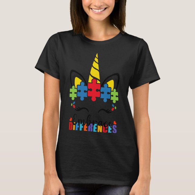 Embrace Differences Unicorn Rainbow Autism Awarene T-Shirt (Front)