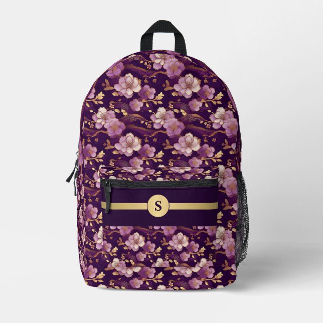 Embrace Elegance: Personalised Purple & Gold Asian Printed Backpack (Front)