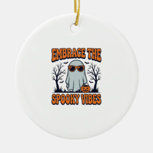 Embrace the Spooky Vibes Ghost Halloween Shirt_1 Ceramic Tree Decoration