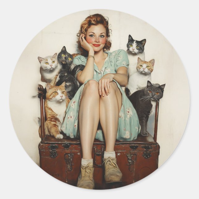 Embracing the Retro Crazy Cat Lady Vibes Classic Round Sticker (Front)