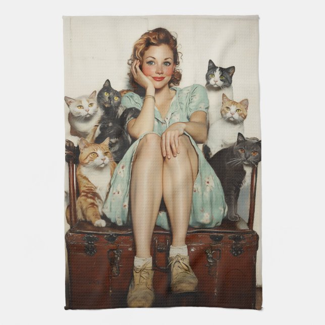 Embracing the Retro Crazy Cat Lady Vibes Tea Towel (Vertical)