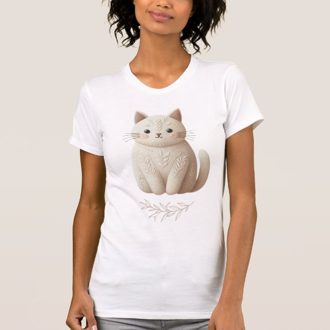 Embroidered Beige Kitty with Stitched Leaf Detail  T-Shirt (Front)