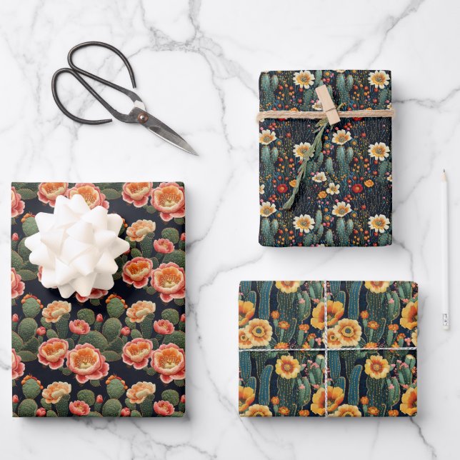 Embroidered Blooming Cactus Trio Wrapping Paper Sheet (Front)