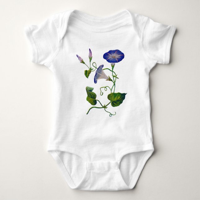 Embroidered Blue Morning Glories Baby Bodysuit (Front)