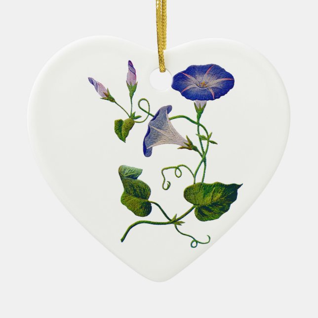 Embroidered Blue Morning Glories Ceramic Tree Decoration (Front)
