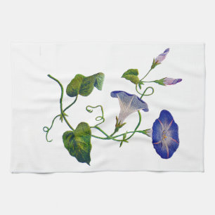 Embroidered Blue Morning Glories Tea Towel