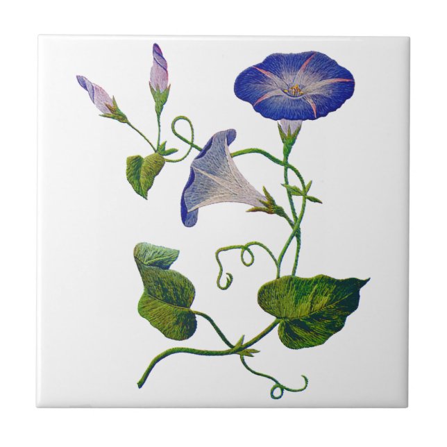 Embroidered Blue Morning Glories Tile (Front)
