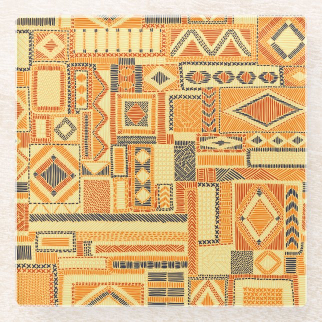 Embroidered Bohemian Patchwork Seamless Pattern Glass Coaster (Front)