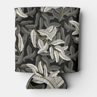 Embroidered branches: black-white print. can cooler