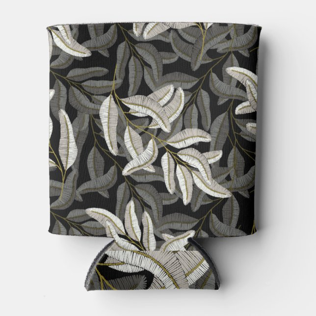 Embroidered branches: black-white print. can cooler (Front)