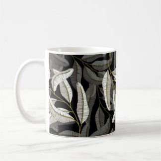 Embroidered branches: black-white print. coffee mug