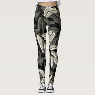 Embroidered branches: black-white print. leggings